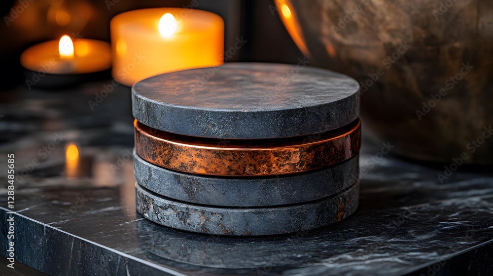 Stacked granite coasters with copper inlay, rugged elegance theme, polished/unpolished contrast, candlelit ambiance, and iron oxide red and gunmetal gray colors, set in a whiskey bar. Stacked granite coasters with copper inlay, rugged elegance theme, polished/unpolished contrast, candlelit ambiance, and iron oxide red and gunmetal gray colors, set in a whiskey bar.