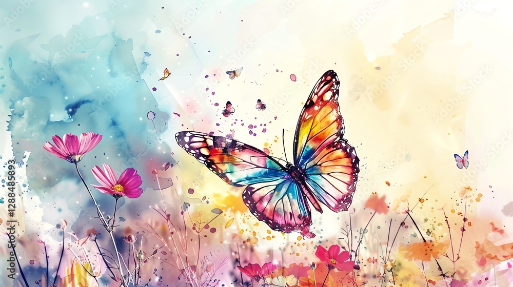 Obraz premium A watercolor painting of a colorful butterfly flying in a field of flowers.