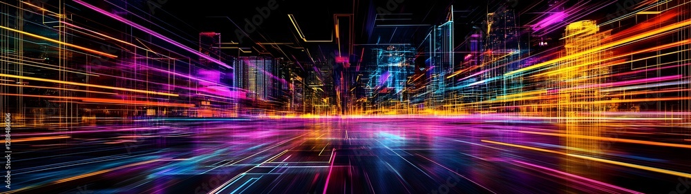 Fototapeta premium Stunning abstract cityscape with futuristic neon lights radiant motion trails and a blurred high speed perspective of a dynamic illuminated urban landscape This digital showcases a vibrant