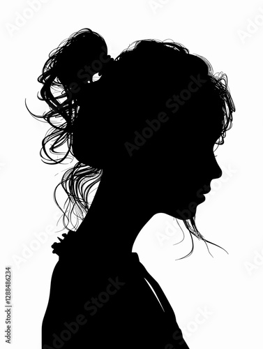 Woman's silhouette with her hair in a bun. The image is black and white and has a moody, dramatic feel to it