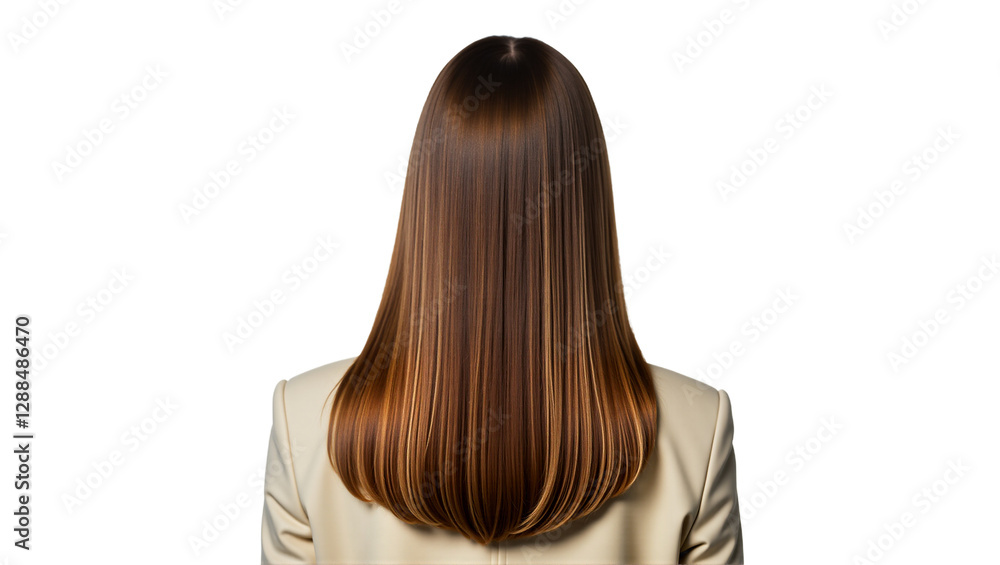 Naklejka premium Back view of woman with long brown hair in cream suit jacket. Ideal for fashion, beauty, or professional themes. Studio shot, soft light, white background. Isolated on transparent background.