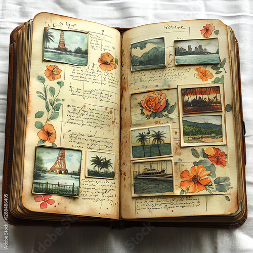 Artistic watercolor painting of an open summer travel journal with handwritten notes, pressed flowers, tiny sketches of famous landmarks, and a polaroid photo of a tropical beach. Light and airy color