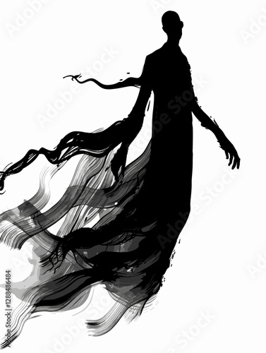 Ghostly figure with long flowing hair is depicted in a black and white image. The figure is standing tall and he is floating in the air. Scene is eerie and mysterious