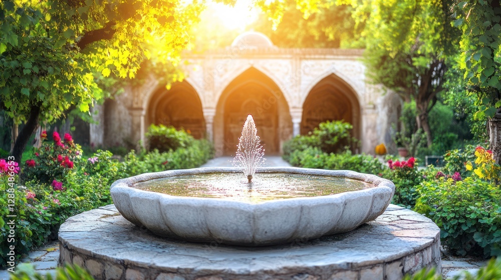 Tranquil garden fountain, sunlit courtyard, mosque backdrop, serene oasis Tranquil garden fountain, sunlit courtyard, mosque backdrop, serene oasis