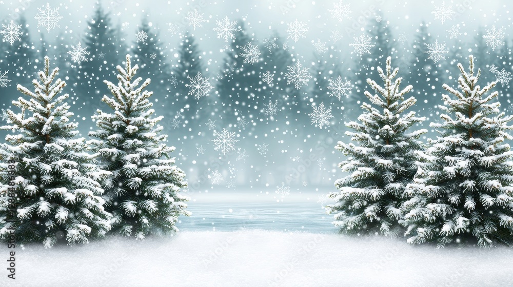 Snowy Winter Landscape with Evergreen Trees and Falling Snowflakes Snowy Winter Landscape with Evergreen Trees and Falling Snowflakes