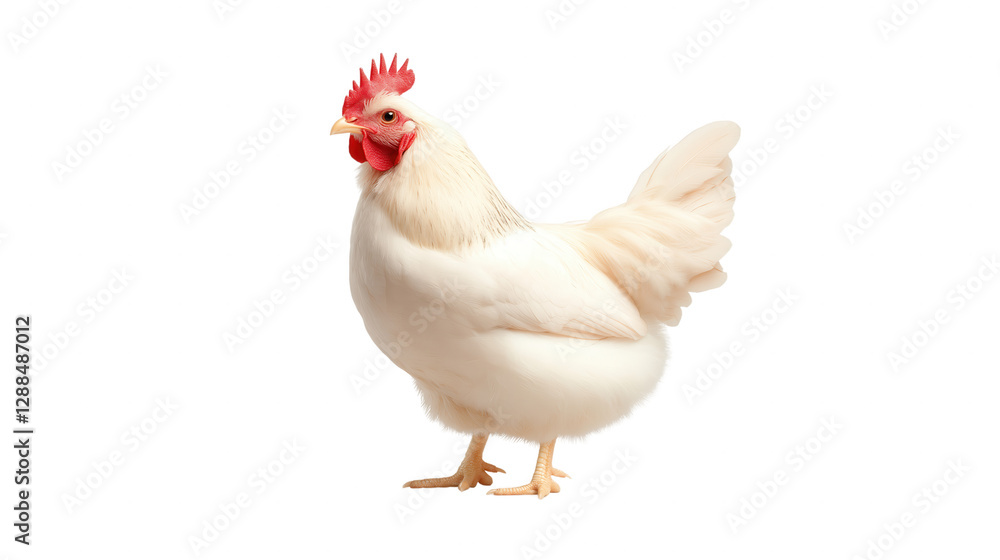 Fototapeta premium A white chicken with red comb and ear standing on a white background