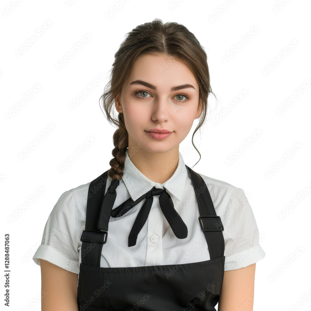 Young Woman with Braids in Apron and White Shirt Portrait Young Woman with Braids in Apron and White Shirt Portrait
