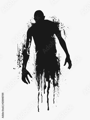 Man in a black shirt and pants is walking in the rain. The rain is falling heavily, and the man is walking with his hands in his pockets. Scene is somber and melancholic