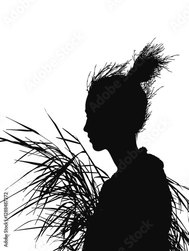 Woman is standing in front of a white background with a bunch of grass in her hand. The image has a moody and mysterious feel to it, as the woman's silhouette is the only visible part of her