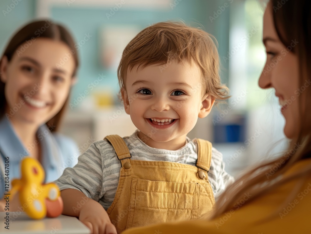 A Happy Toddler's Joyful Grin with Mother in the Background, Capturing Pure Childhood Delight A Happy Toddler's Joyful Grin with Mother in the Background, Capturing Pure Childhood Delight