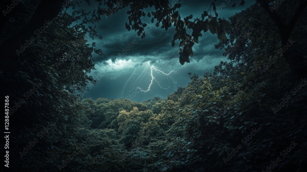 Obraz premium A stormy sky looms over a dense forest. Lightning strikes in the distance creating a dramatic scene. The beauty of nature shines through despite the turmoil. Generative AI