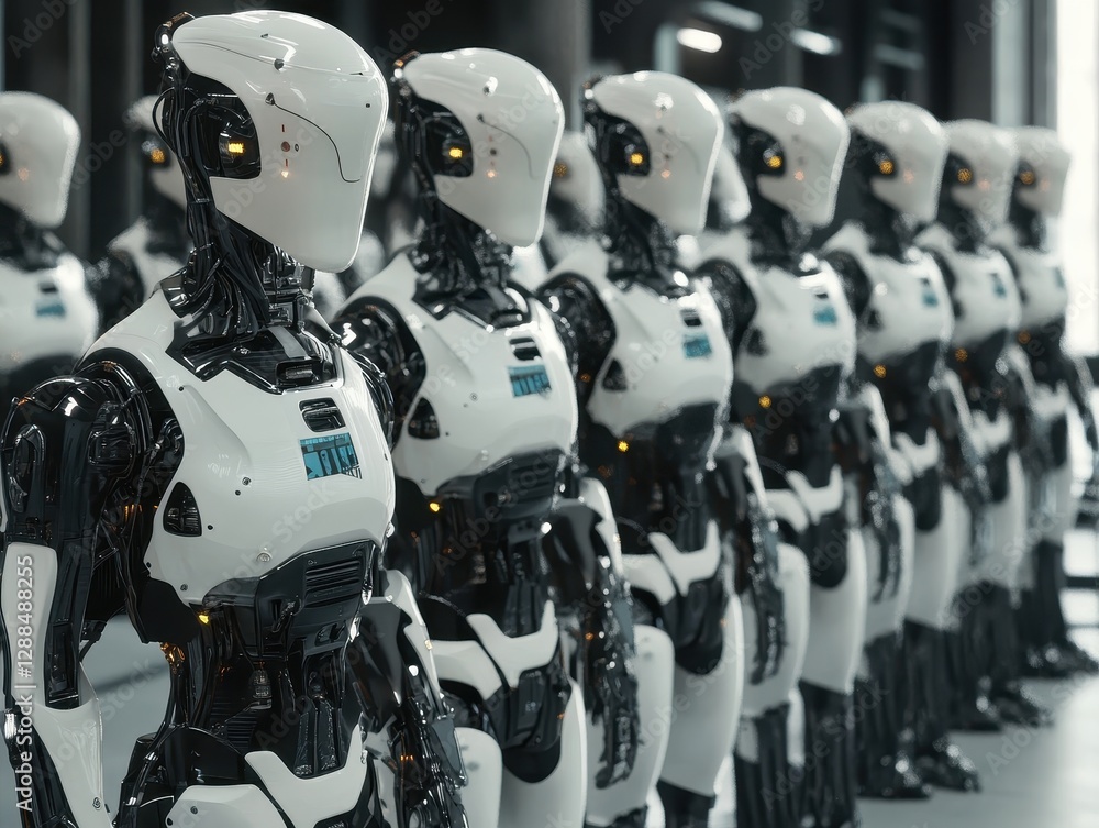 A Line of Advanced Humanoid Robots Standing in Formation: A Glimpse into the Future of Automation and Robotics A Line of Advanced Humanoid Robots Standing in Formation: A Glimpse into the Future of Automation and Robotics