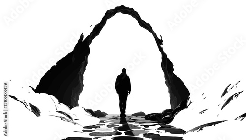Silhouetted person walking through rocky archway