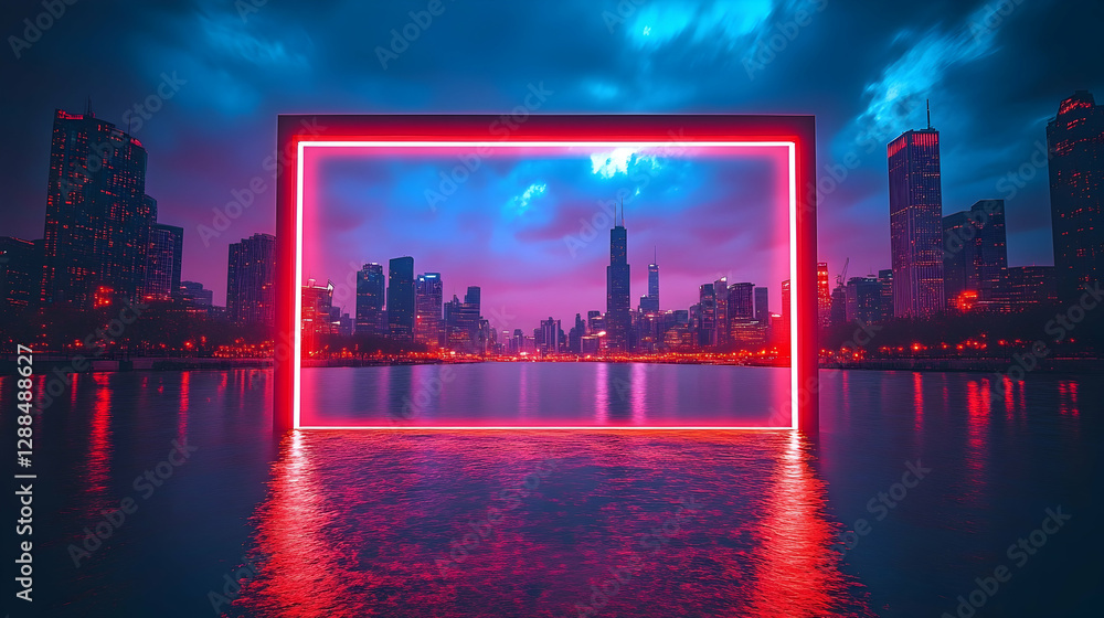 Fototapeta premium Neon Frame Cityscape at Dusk