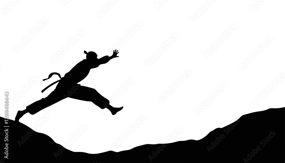 Ninja silhouette jumping over a cliff against white background Ninja silhouette jumping over a cliff against white background