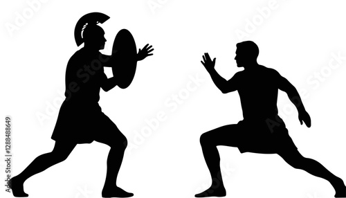 Silhouette of ancient warriors in combat stance against white background