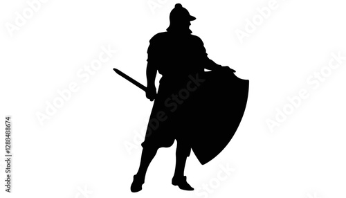 Silhouette of a warrior holding a sword against a plain background