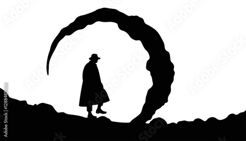 Silhouette of a man standing against an abstract circular shape