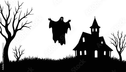 Ghost hovering over haunted house with barren trees