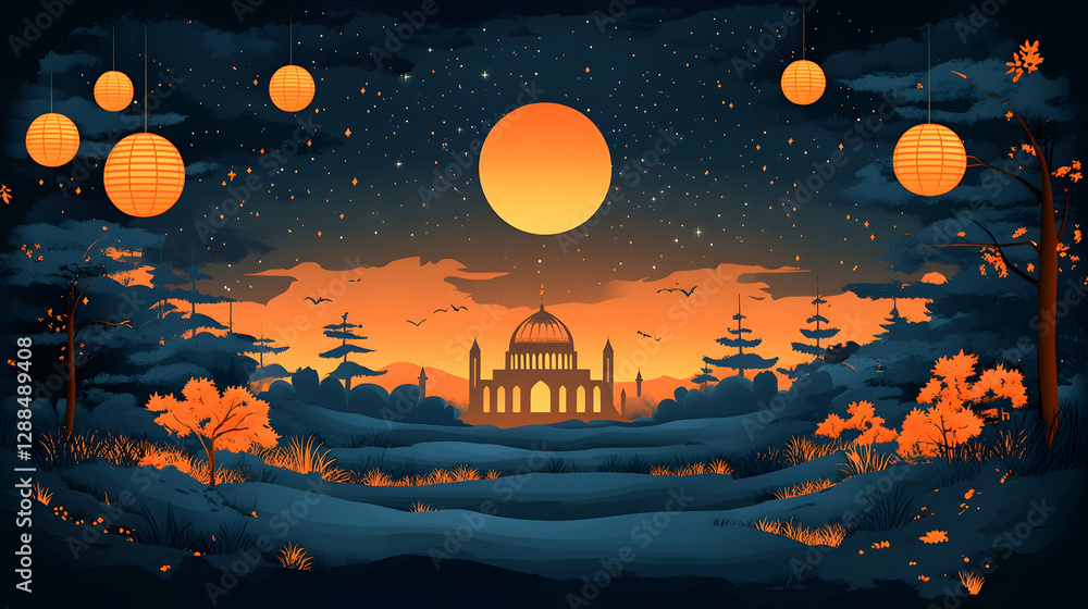Fototapeta premium Night scene, mosque, forest, lanterns