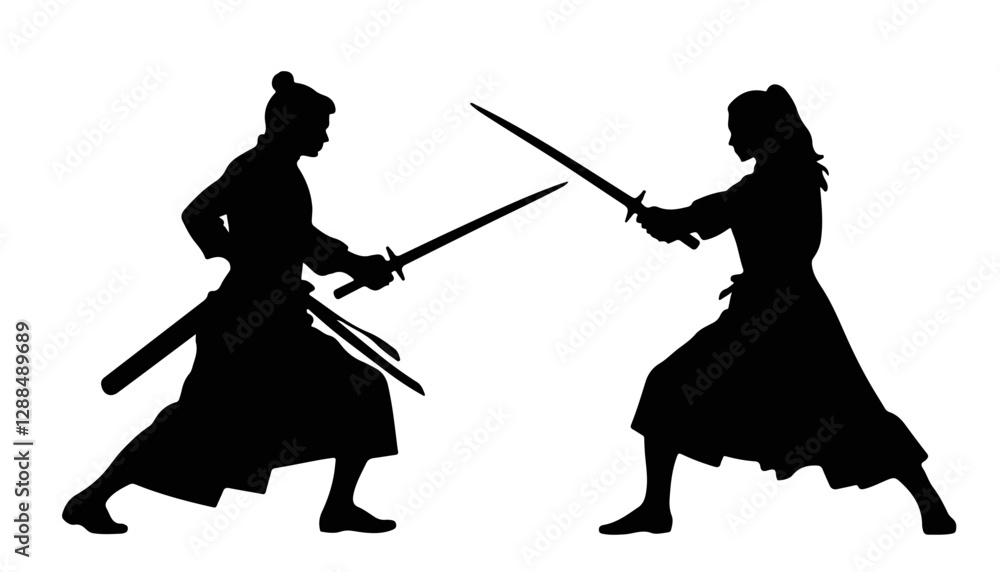 Samurai warriors battling with swords in silhouette Samurai warriors battling with swords in silhouette