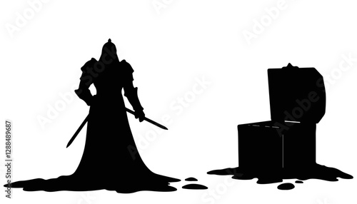 Silhouette of a warrior standing beside a treasure chest
