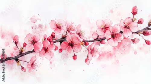 A watercolor illustration of cherry blossoms on a branch, showcasing delicate pink flowers.