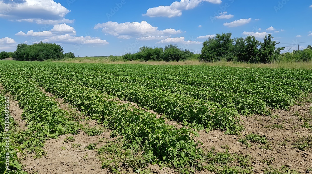 A field of green beans growing in neat rows under a bright blue sky A field of green beans growing in neat rows under a bright blue sky