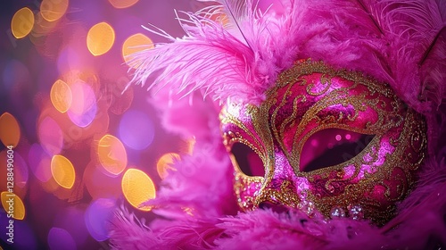 Wallpaper Mural Pink Feathered Venetian Mask with Gold Details and Bokeh Lights Torontodigital.ca