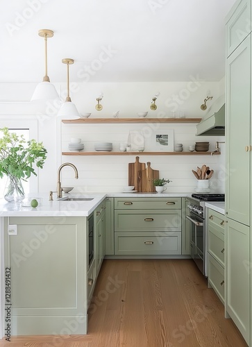 Sage Green Kitchen Design with White Accents