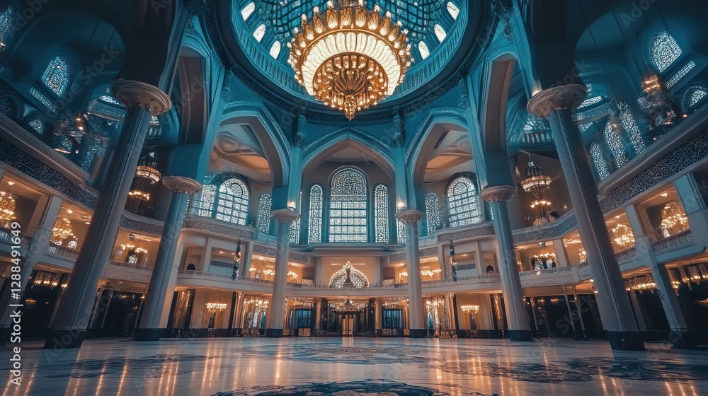 Obraz premium Majestic Mosque Interior, Dome, Columns, Lighting, Marble Floor, Prayer Hall, Architectural Detail, Peaceful Atmosphere, Spirituality, Travel