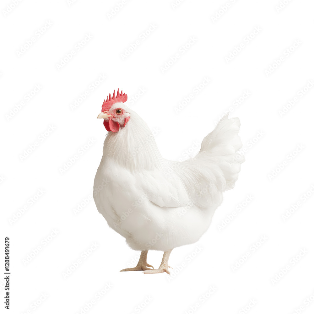 A white chicken stands on a white background A white chicken stands on a white background