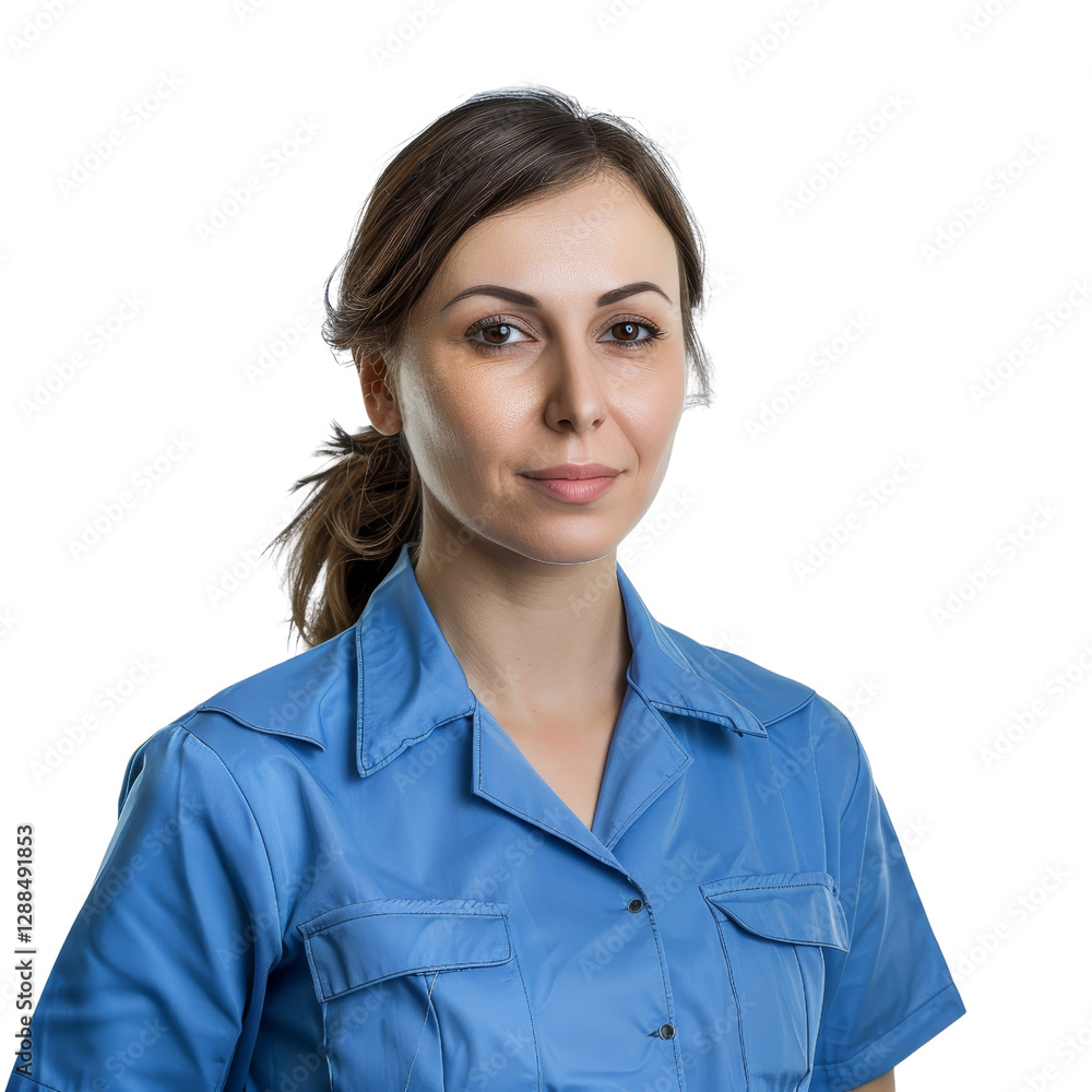 Confident Woman in Blue Work Shirt with Casual Hairstyle Confident Woman in Blue Work Shirt with Casual Hairstyle