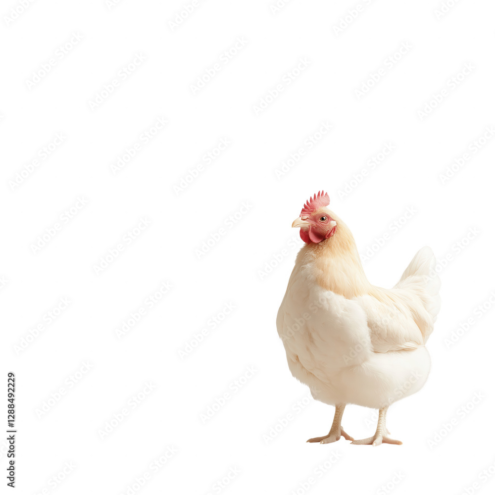 Fototapeta premium A white chicken stands on a white background