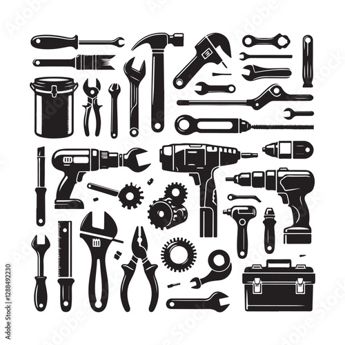 Tools vector silhouette. Construction tool collection vector art. Repair equipment vector illustration