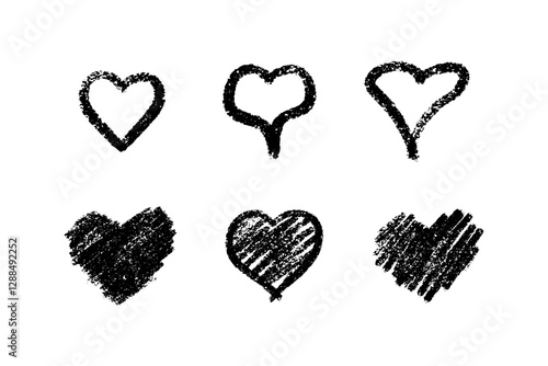Crayon heart collection with chalk effect - outlined, stemmed, elongated variations and filled textured designs. Black sketchy romantic symbols with rough grunge strokes and scribbles. Love elements