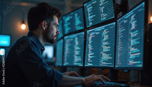 Software developer codes on multiple monitors in dark office. Programmer works on desktop computer, types on keyboard. engineer writes program, algorithm. Cybersecurity specialist protect data, cloud