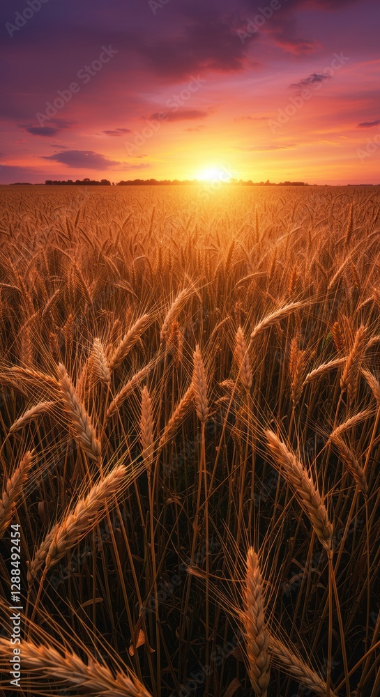 A serene wheat farm at sunset, with golden kernels glowing under the warm light, symbolizing abundance and natural beauty A serene wheat farm at sunset, with golden kernels glowing under the warm light, symbolizing abundance and natural beauty