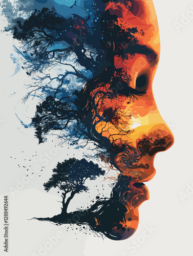 Silhouette of a woman with tree in the head. Vector illustration