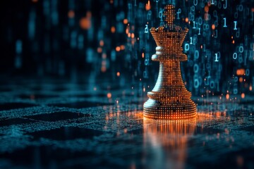Abstract chessboard background featuring binary code king piece   cyber security and big data theme