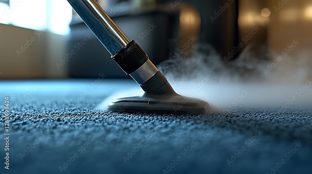 Naklejka premium Steam cleaner on carpet in home interior with smoke