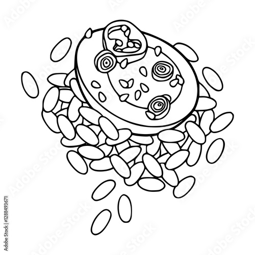 seasoning egg on a pile of rice - hand drawn vector illustration
