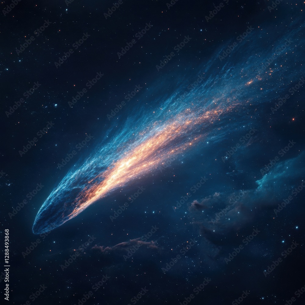Obraz premium Bright Comet with Tail Glowing in Dark Cosmic Background