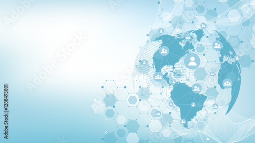 Global network connection concept. Big data visualization. Social network communication in the global computer networks. Internet technology. Business. Science. Vector illustration