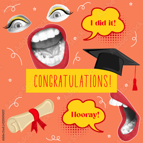 Congratulations. Trendy halftone collage banner with graduate cap, daploma, human eyes and mouth. Happy graduation day. Modern retro style. Vector illustration.