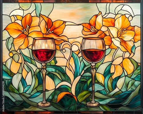 An ornate Art Nouveau stained glass design featuring glamorous wine motifs, intricate floral patterns, and flowing decorative elements, evoking elegance and vintage charm.