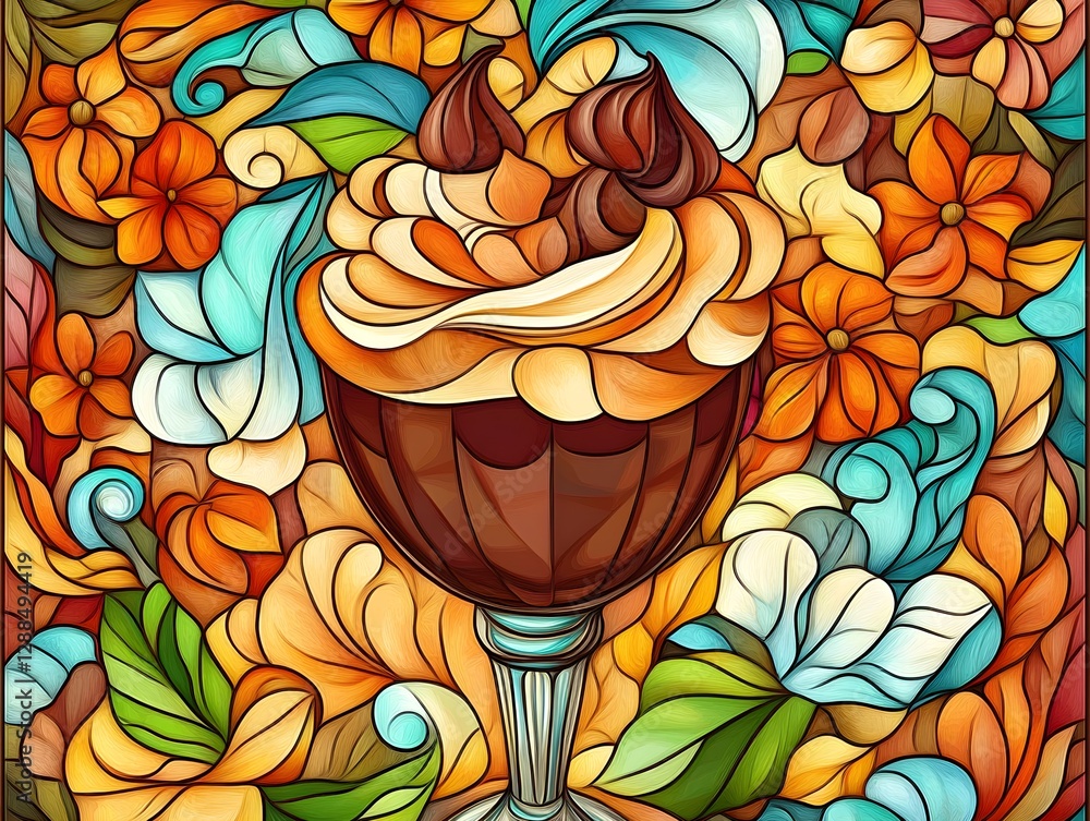 A detailed Art Nouveau stained glass illustration depicting an elegant, decadent cake, rich colors, and flowing ornamental designs.
