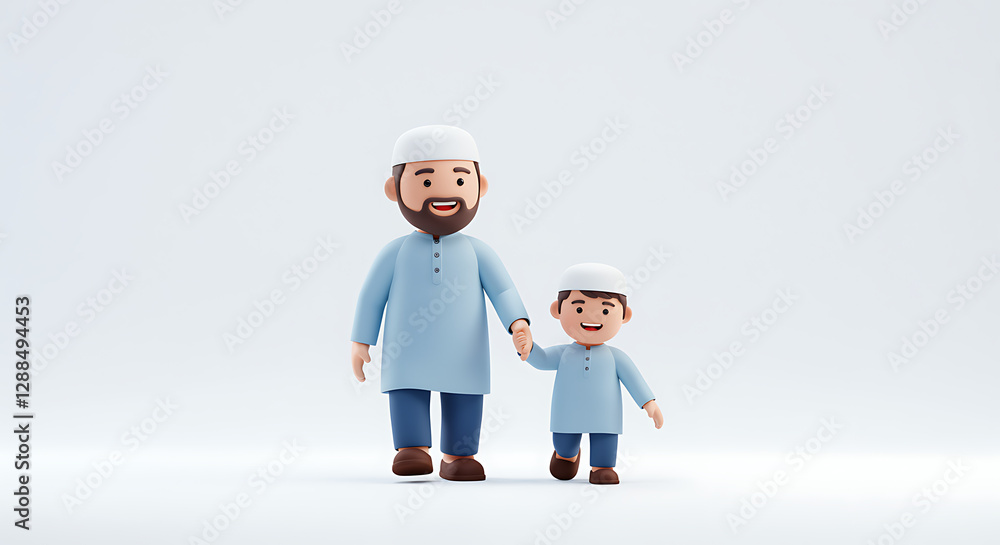 Father and Son Walking Together Cartoon Illustration in Traditional Clothing Father and Son Walking Together Cartoon Illustration in Traditional Clothing