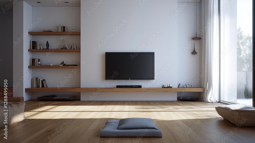 Fototapeta premium Modern living room, flat screen TV, sunlit floor, minimalist shelves, peaceful background