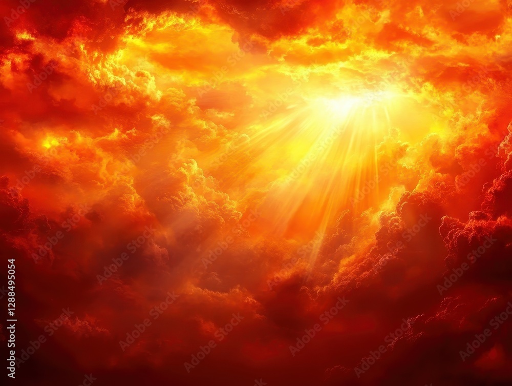 Fiery Celestial Radiance: A Dramatic Sunburst Through Inferno-like Cloudscape Fiery Celestial Radiance: A Dramatic Sunburst Through Inferno-like Cloudscape